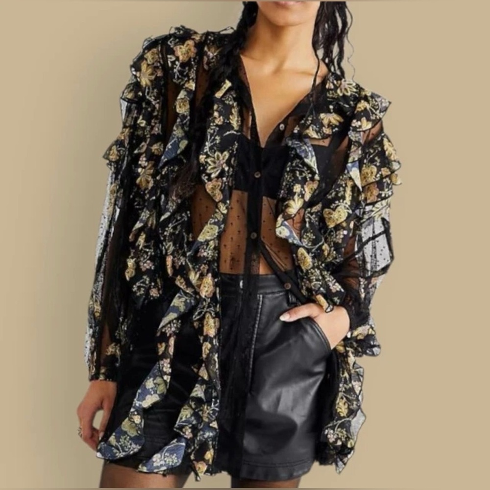 Free People Worth It Sheer Ruffle Floral‎ Blouse Boho Whimsigoth Fairy Grunge